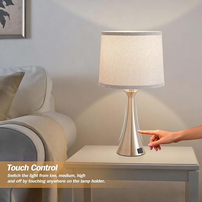 Touch Lamp for Living Room Bedroom, 21" Table Lamps Set of 2 with USB C+A Ports and Grey Lamp Shades, Touch Bedside Lamps for Nightstand with 3 Way Dimmable, 2 LED Bulbs Included, Silver