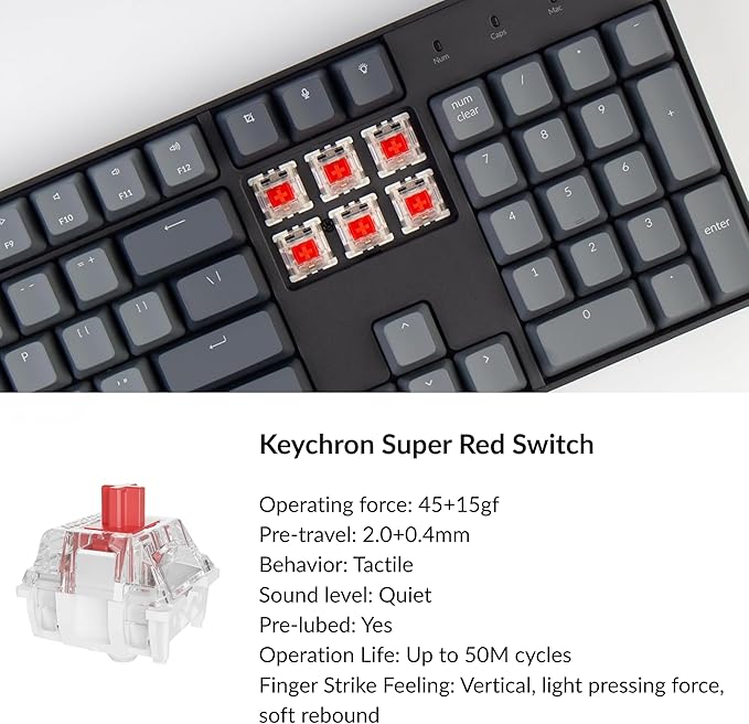 Keychron K10 Full Size 104 Keys Bluetooth Wireless Mechanical Gaming Keyboard for Mac Windows with Keychron Super Red Switch, Multitasking/White LED Backlight/USB C Wired Computer Keyboard