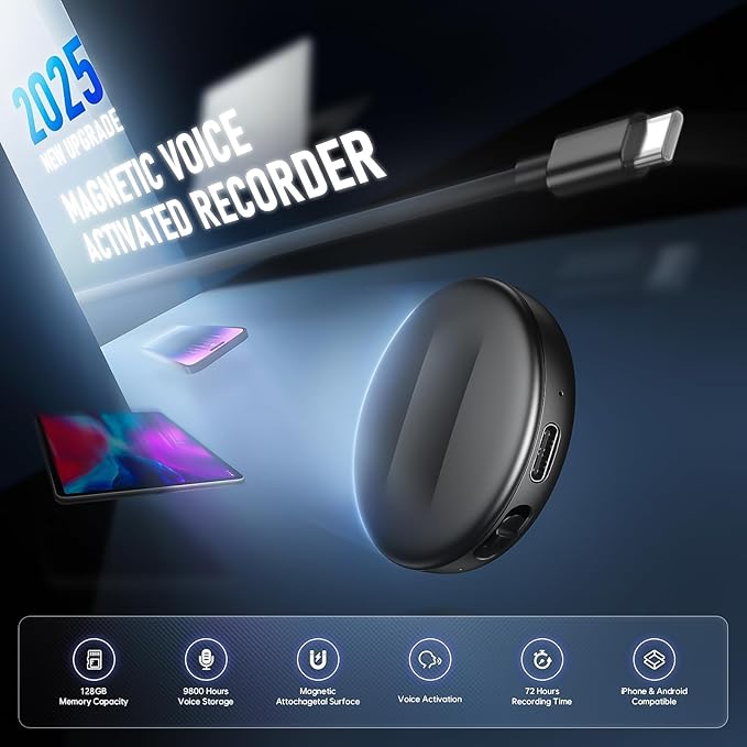128GB Magnetic Voice Activated Recorder - Digital Voice Recorder with DSP 5.0 Triple AI-Intelligent Noise Cancellation, 9800Hrs Dictaphone with Playback for Lecture Meeting, Recording Device, MP3