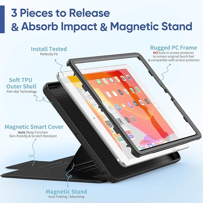 SEYMAC stock Case for iPad 9th/8th/7th Generation 10.2'', Strong Magnetic Auto Sleep Shockproof Case with Absorbing Multi-Angles Stand, Pen Holder, Card Slot (Black)