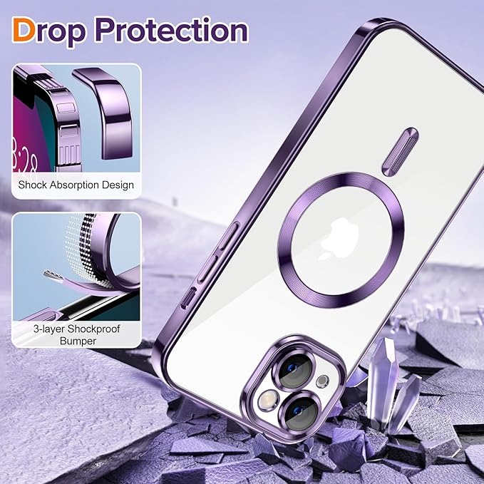Hython Magnetic Clear for iPhone 13 Case with Camera Lens Protector [Compatible with MagSafe] Luxury Plating Edge Slim Soft TPU Cover Protective Phone Case for iPhone 13 6.1", Deep Purple