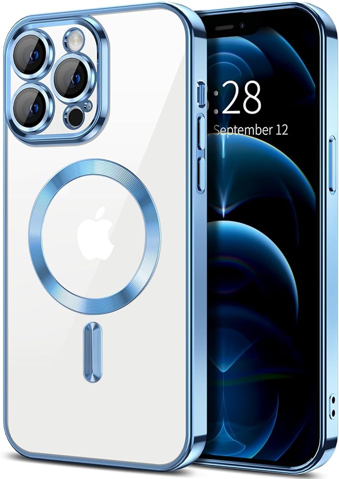 Hython Magnetic Clear for iPhone 12 Pro Max Case with Camera Lens Protector [Compatible with MagSafe] Plating Edge Slim Soft TPU Cover Protective Phone Case for iPhone 12 Pro Max 6.7", Light Blue
