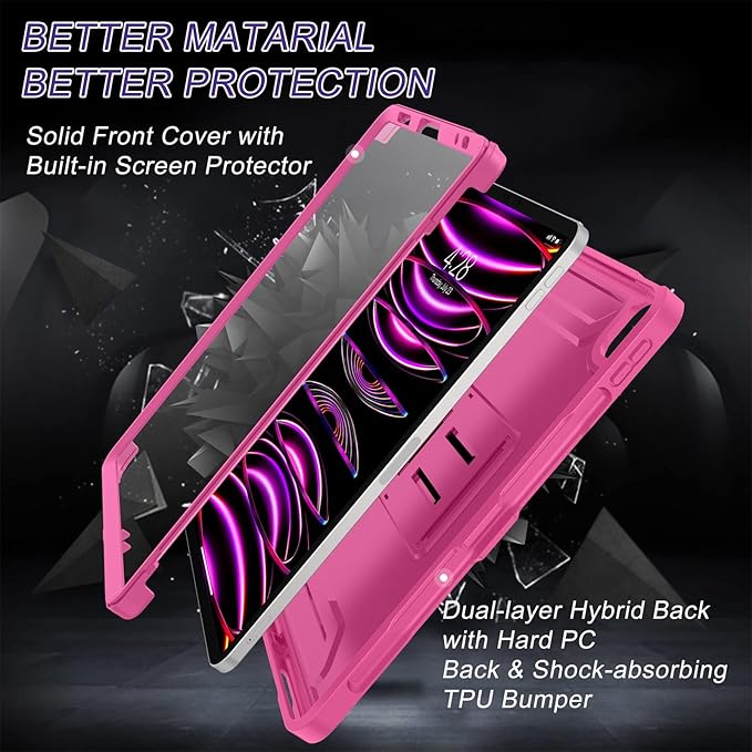 Soke Case for iPad Pro 11 Inch 2022/2021/2020/2018/iPad Air 5th/4th Generation,Built-in Screen Protector - Support 2nd Apple Pencil Charging - Heavy Duty Rugged Protective Kickstand Case - Hot Pink