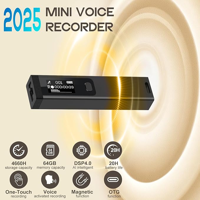 Mini Digital Voice Recorder - 1536Kbps Voice Activated Recorder with Noise Reduction, 64GB Audio Recorder for Lectures Meeting Interviews, Magnetic Tape Recorder Portable Mini with USB, MP3 Player