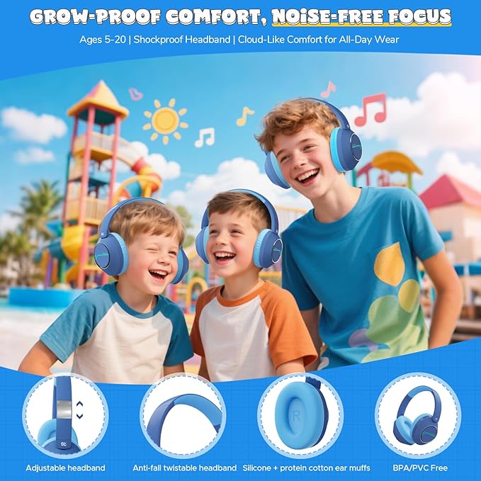 Steellumen Nova1Pro Active Noise Cancelling Headphones for Kids, 3-Level Safe Volume 75/85/94dB, ANC Safe Wireless Listen, Fast Charging, Bluetooth 5.4 with Mic, boy Girl for School, Travel & Airplane