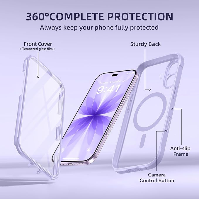 BERFY for iPhone 17 Case, Compatible with MagSafe, Built-in Glass Screen Protector, Camera Protection, Shockproof Full Body Phone case 6.3", Clear Purple