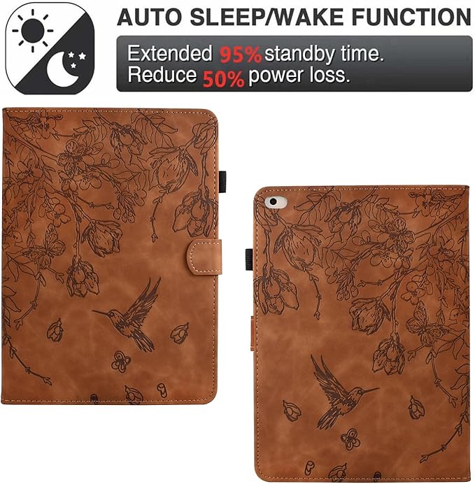 for iPad 9.7 Inch Case iPad 6th/5th Generation Case 2018 2017, Embossed Suede Leather Folio Stand Cover for iPad 9.7 inch/Pro 9.7/Air 2/Air 1, Auto Sleep/Wake, Brown Bird Flower Embossing
