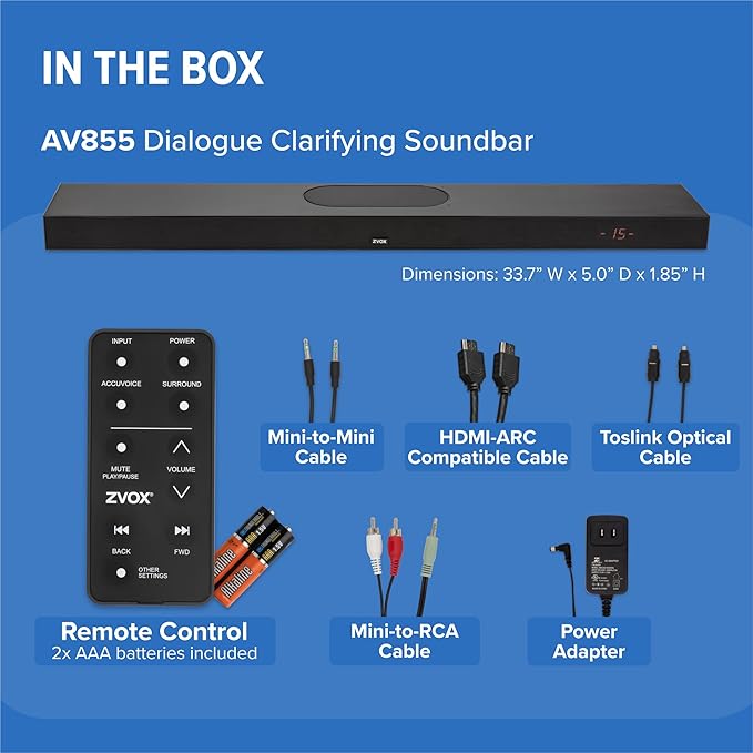 ZVOX AccuVoice AV855 Dialogue Clarifying Soundbar - Patented Hearing Technology with 20 Levels of Voice Boost, Dual Subwoofers, Low-Profile TV Speaker for Home Theater and Smart TV - Black