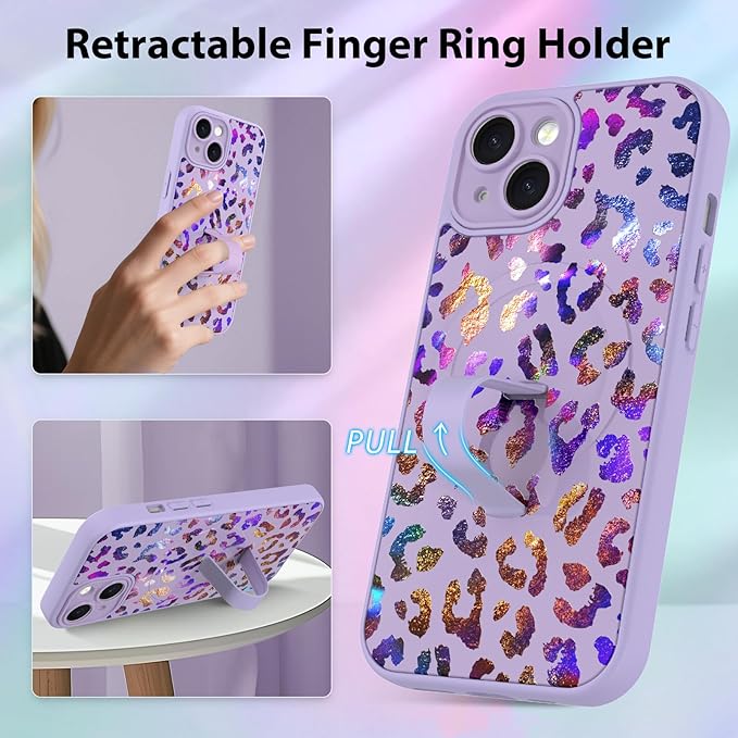 KANGHAR Compatible with iPhone 15 Case, Support for MagSafe, Silicone Cute Iridescent Leopard Cheetah Pattern, Wristband Kickstand Shockproof Protective Slim Cover for Women Girls, Purple