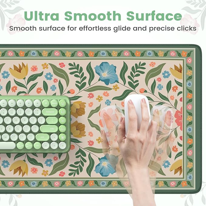 iLeadon Computer Desk Mat with Smooth Surface, Floral Stitched Edges XL Big Mosue Pad for Keyboard, Non Slip Green Extra Large Mouse Pad for Desktop, Office Desk mat for Women (Green)