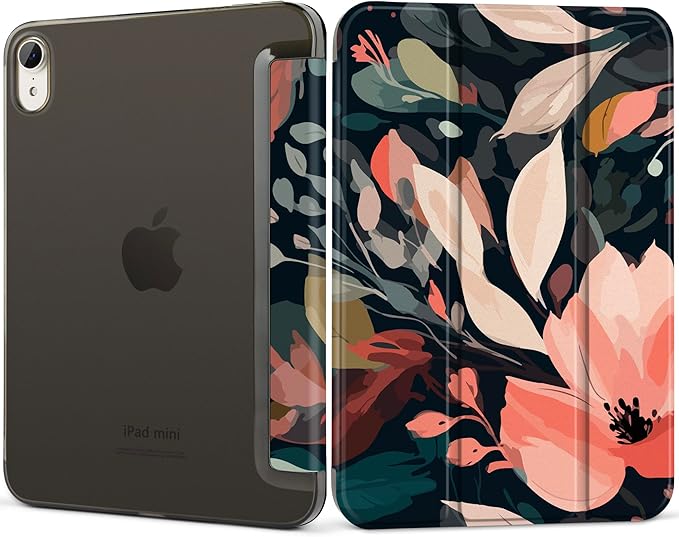 DONGKE for iPad mini 7 (A17 Pro) 2024 & iPad mini 6 2021 8.3 Inch, Slim Foldable Stand Hard PC Translucent Back Shell Smart Cover for iPad mini 7th/6th Generation [Auto Wake/Sleep] - Painted Florals