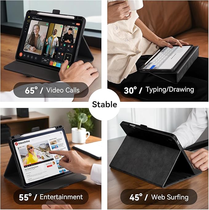 Handmade Case for iPad Pro 11 Inch (M5/M4) 2025/2024 with Pencil Holder Pocket,Magnetic Closure,Auto Sleep/Wake,Vegan Leather Folio Protective Cover,Multi Angles Stand,Black