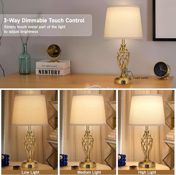Ruiever Touch Table Lamps Set of 2, nightstand lamp with USB Ports Bedside 3 Way Touch dimmer Desk lamp for Living Room Bedroom,Gold Plated Spiral cage Base Design Warm White dimmer Bulbs Included.