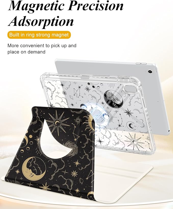 Shorogyt for iPad A16 11th Generation 11 inch 2025 /for i Pad 10th Generation case Magnetic Stand for Women - Cute Design 360 Degree Rotating Covers Girls Aesthetic with Pencil Holder,Sun Moon