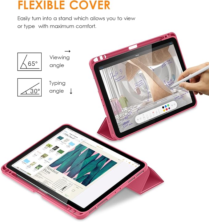 DTTO for iPad Pro 11 inch 4th/3rd/2nd/1st Generation 2022/2021/2020/2018 Case, Smart Slim Trifold Stand Soft TPU Back Cover with Built-in Pencil Holder, Also Fit iPad Air 5/4,Rose Red