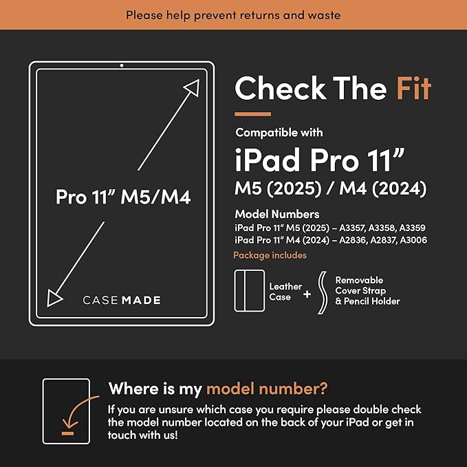 Casemade Real Leather Case Compatible with iPad Pro 11” M5 (2025)/M4 (2024) - Full-Grain Leather Cover, Auto Sleep/Wake, Dual Stand Position (Tan)