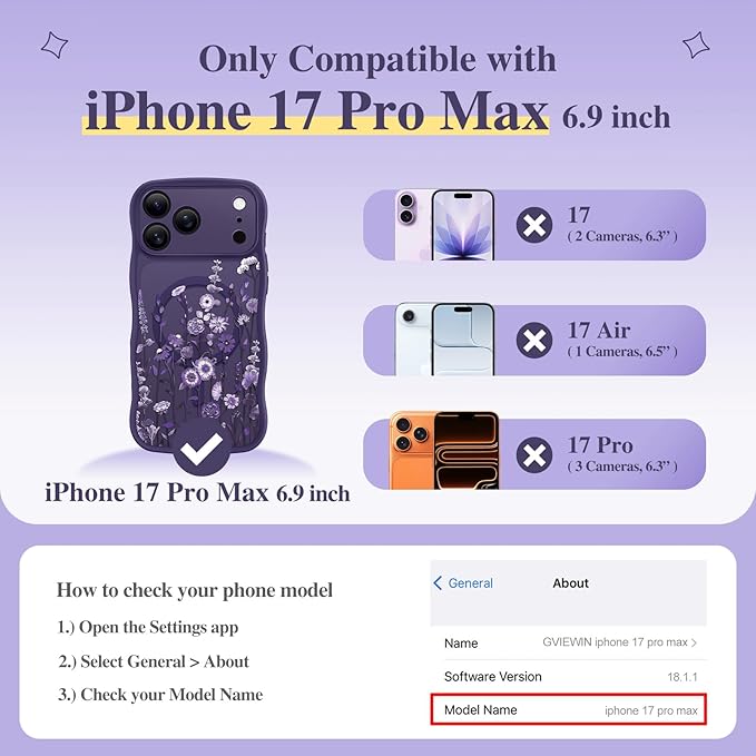 GVIEWIN for iPhone 17 Pro Max Case Compatible with MagSafe [Curly Wave Edge][Full Camera Protection] Floral Translucent Shockproof Magnetic Women Phone Case for 17 Pro Max, Dark Floratopia/Deep Purple