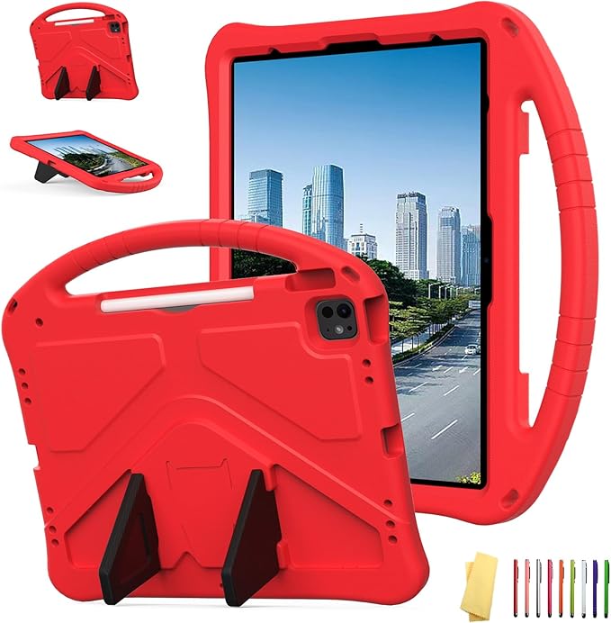 Kids Case for iPad Air 13 inch M4/M3/M2 & iPad Pro 13 inch M5/M4 (2025/2024) & iPad Pro 12.9 inch Cover 6th/5th/4th/3rd Generation (2022/2021/2020/2018) with Stand/Handle/Pencil Holder, Red