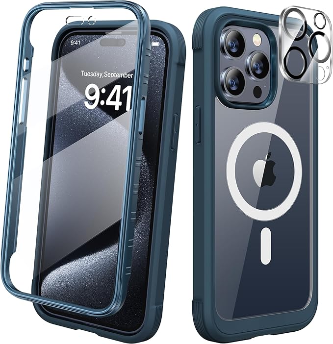 Diaclara Magnetic for iPhone 15 Pro Case, [Military-Grade Drop Proof & Fit for MagSafe] Built-in Shockproof Screen Protector, [Camera Lens Protector] Phone Cover for iPhone 15 Pro 6.1"(Deep Blue)