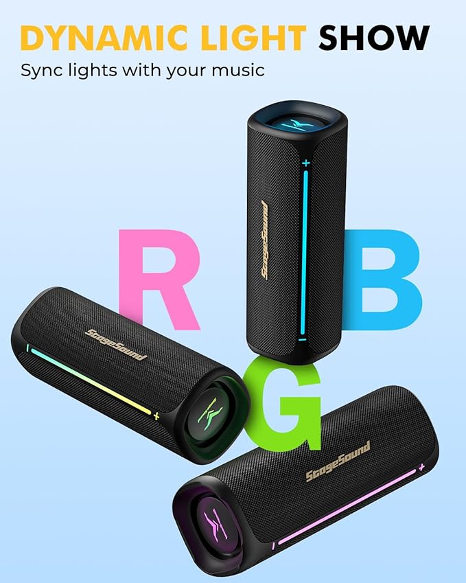 Portable Wireless Bluetooth Speaker, IP67 Waterproof Outdoor Speaker, Loud Bass, BT 6.0, 12H Playtime, RGB Colorful Lights, TWS Pairing & USB Playback, Rugged Built for Home, Beach, Pool Party, Shower