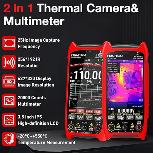 2 in 1 Thermal Imaging with 20000 Counts Multimeter Function Infrared Camera Pixels ISR256x192 Image Resolution 427x320 3.5 inch LCD -20℃ to 550℃ Temperature Range 15 Color Modes