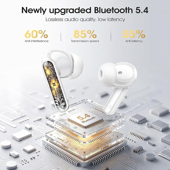 Wireless Earbuds, Bluetooth 5.4 Headphones with 4 Noise Cancelling Mic, 46H In-Ear Buds with 3D Bass Stereo Sound, Small Ears, LED Display, Calls Sports Workout, IPX7 Earphones for Android iOS, White