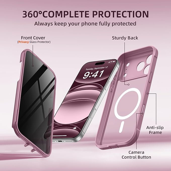 BERFY for iPhone 17 Pro Case, Compatible with MagSafe, Built-in Privacy Screen Protector, Camera Protection, Shockproof Full Body Phone Case 6.3", Translucent Palevioletred
