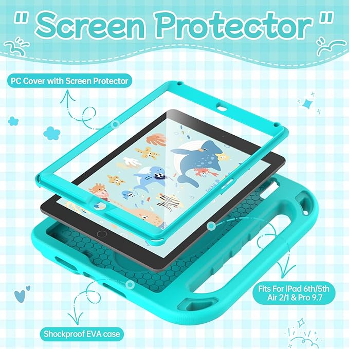 BMOUO Kids Case for iPad 9.7 2018/2017/iPad Air 2/1/Pro 9.7-Built-in Screen Protector Shockproof Handle Convertible Stand Case for iPad 9.7 Inch 2018 (6th Generation)/2017 (5th Generation),Turquoise