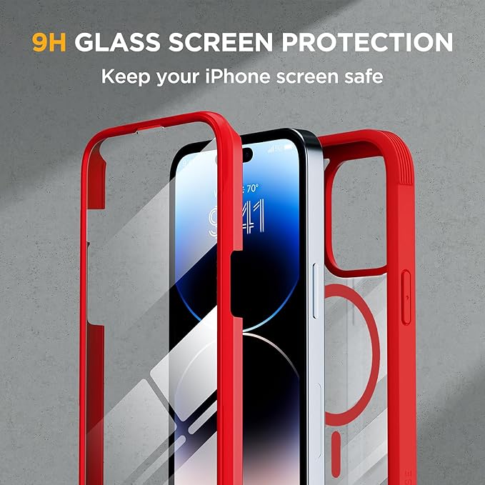 Miracase Magnetic for iPhone 14 Pro Max Case 6.7 inch, (Compatible with MagSafe) Upgrade Full-Body Clear Phone Bumper Case with Built-in 9H Tempered Glass Screen Protector, Magnetic Red