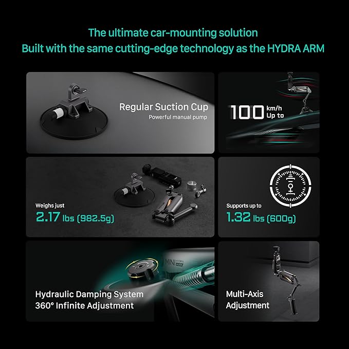 Tilta Hydra Alien Mini Regular Suction Cup Kit - Titanium Gray | Compatible with DJI Pocket 3/4, and Other Action cams/Smartphones | Hydraulic Damping | Adjustable Arm | Shock Absorbers