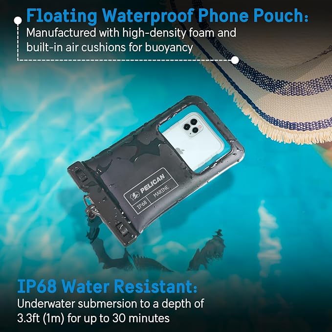 Pelican 2 Pack Marine - IP68 Waterproof Phone Pouch (XL Size) Floating Waterproof Phone Case - Beach Cruise Ship Travel Essentials - Works with All Phones - Detachable Lanyard - Stealth Black
