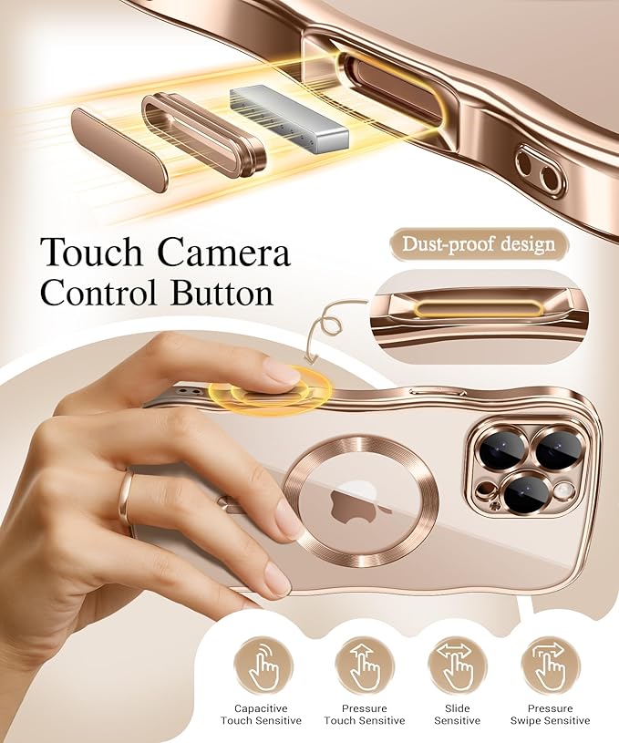 GVIEWIN for iPhone 16 Pro Case Compatible with MagSafe, Upgraded [Full Camera Protection][Cute Wave Frame][Military Grade Protection] Electroplated Soft Phone Cover for Women Girl, Clear/Rose Gold