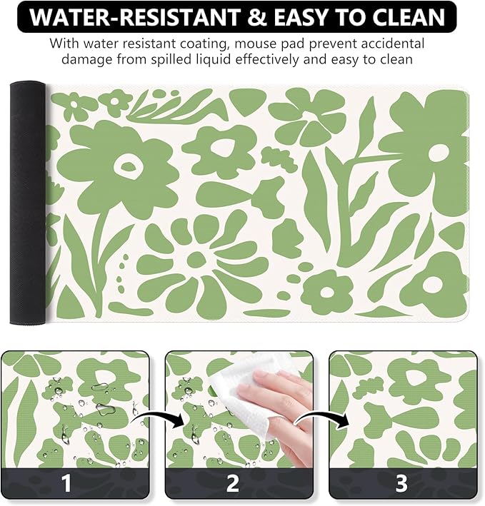 iCasso Desk Mat, XXL Large Anti-Slip Mouse Pad with Stitched Edges, Keyboard Mat for Work, Gaming (Green Flowers)