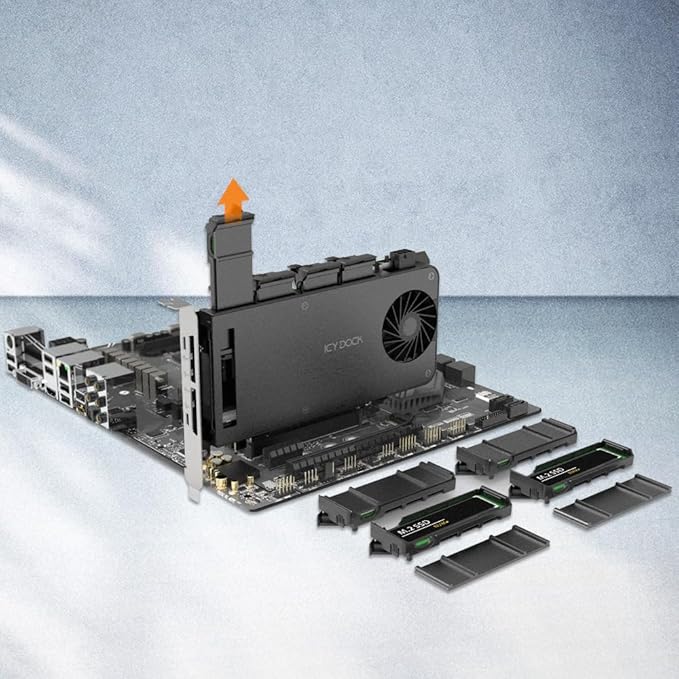 4 Bay Removable M.2 NVMe PCIe SSD to PCIe 5.0 x16 Mobile Rack Enclosure/Adapter Card for PCIe Expansion Slot (PCIe Bifurcation Required) | ICY DOCK ExpressSlot MB204MP-B