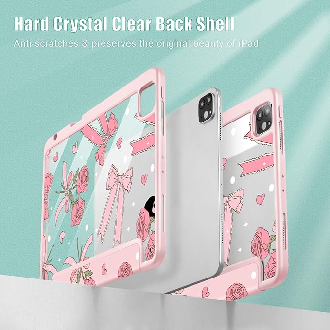 Tuiklol for iPad Pro 11 Inch 4th / 3rd / 2nd / 1st Gen (2022 2021 2020 2018) Case -Built-in Pencil Holder Shockproof Cover Clear Transparent Back Shell with Auto Wake/Sleep, Bow & Rose