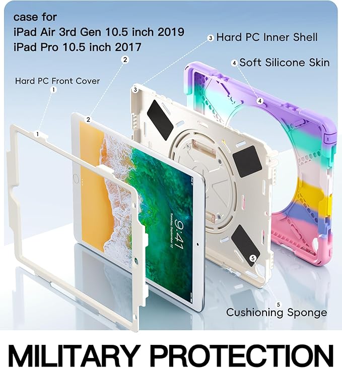 BRAECN Case for iPad Air 3rd Generation 2019 / iPad Pro 10.5 inch 2017, Rugged Heavy Duty Shockproof Cover with Pencil Holder, 360° Rotating Kickstand & Adjustable Hand Strap & Shoulder Strap for Kids