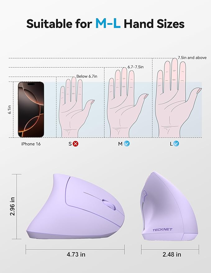 TECKNET Ergonomic Mouse, Rechargeable 2.4G+Bluetooth Vertical Mice 6 DPI Adjustable, Wireless Optical Carpal Tunnel Mouse Right Hand, Multi Device for Laptop, PC, Computer, MacBook - Light Purple