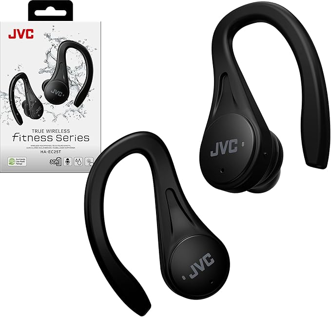 JVC Sport True Wireless Earbuds Headphones, Lightweight and Compact, Long Battery Life (up to 30 Hours), High Quality Sound with Neodymium Magnet Driver, Water Resistance (IPX5) - HAEC25TB (Black)