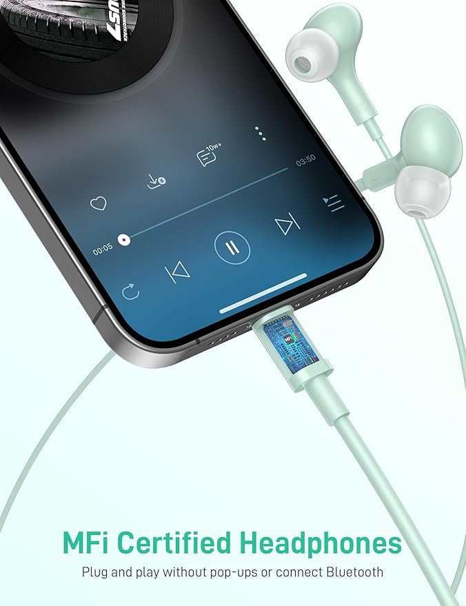 iMangoo for Apple MFi-Certified Headphones for Lightning Wired Earbuds Magnetic Ear Buds with HiFi Bass,3 Ear Tips Mic Corded Earphones for Gym, Commuting for iPhone 14 Plus 13 12 11 Pro Max Mint