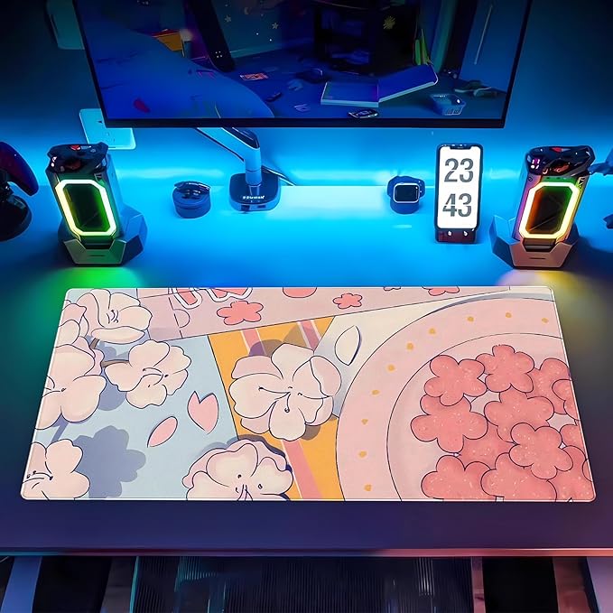 Pink Floral Mouse Pad XXL Cute Anime Gaming Desk Mat 31.5"x15.7", Thickened Rubber Base, Stitched Edge & Washable Design for Women, Office, Home