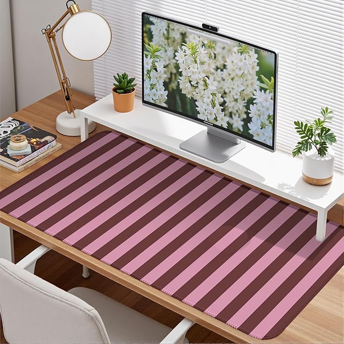 Pink and Burgundy Striped Desk Mat Cute Pastel XXL Large Gaming Mouse Pad Desk Pad Kawaii Cozy Aesthetic Keyboard Laptop Computer Mat