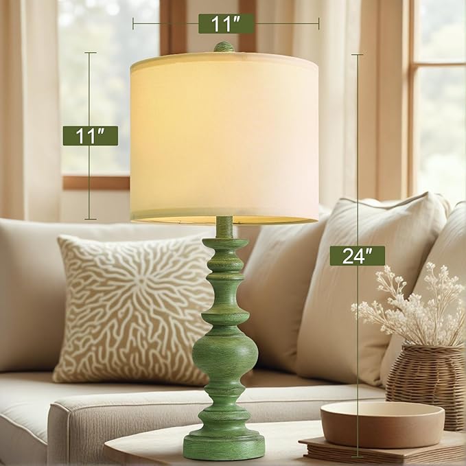 BOBOMOMO 24" Farmhouse Table Lamps Set of 2 – Sage Green Bedside Lamps with Linen Shades, Medium Traditional Lamps for Living Room, Bedroom, and Entryway, Vintage Lamp with Soft Natural Serenity