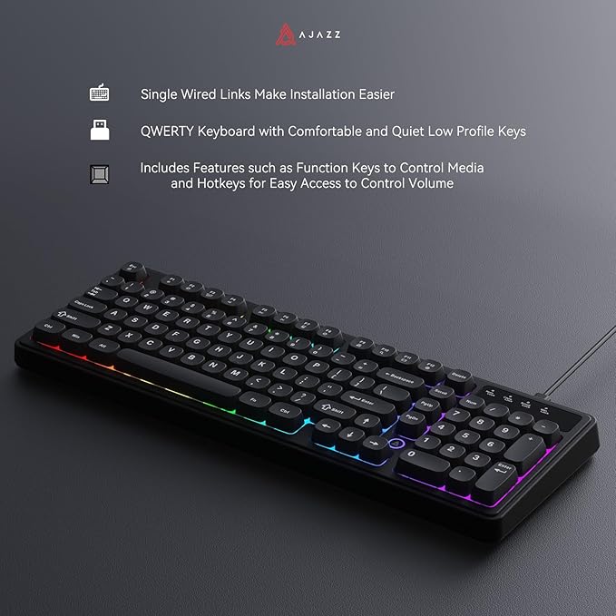Ajazz AF98 Wired Office Keyboard, Ergonomic, RGB Lighting, Multimedia Function Keys, Adjustable Stand, Suitable for Windows Vista/XP/7/8/10/11 Mac, Andord.