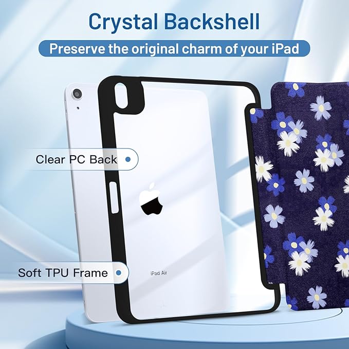 MrARTIST for iPad Air 11 Inch Case M3/M2 - Air 5th/4th Generation 10.9" Cute Women Girls Girly Kawaii Aesthetic Kawaii Design for Apple Air Tablet Cover with Pencil Holder, Blue White Flowers