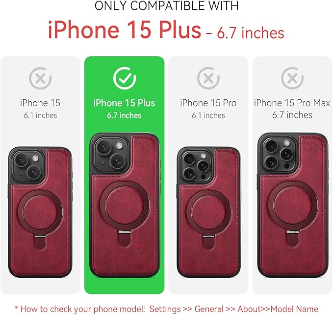 for iPhone 15 Plus Case with Stand, Compatible with MagSafe, Slim PU Leather & Durable TPU Protective Magnetic Kickstand Cover Drop-Proof with Tempered Glass Screen Protector 6.7", Red