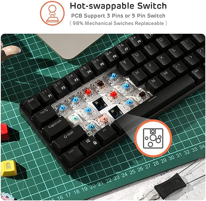 RK ROYAL KLUDGE RK61 Wireless 60% Triple Mode BT5.0/2.4G/USB-C Mechanical Keyboard, 61 Keys Wireless Mechanical Keyboard, Compact Gaming Keyboard w/Software (Hot Swappable Brown Switch, Black)