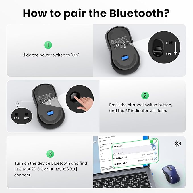 TECKNET Rechargeable Bluetooth Mouse, [ USB + BT5.0 + BT3.0 ] Wireless Mouse, Ergonomic Design, Silent Click, 6-Level 4800 DPI Wireless Mice, 3-Device Switching for Laptop, Computer, MacBook（Blue）