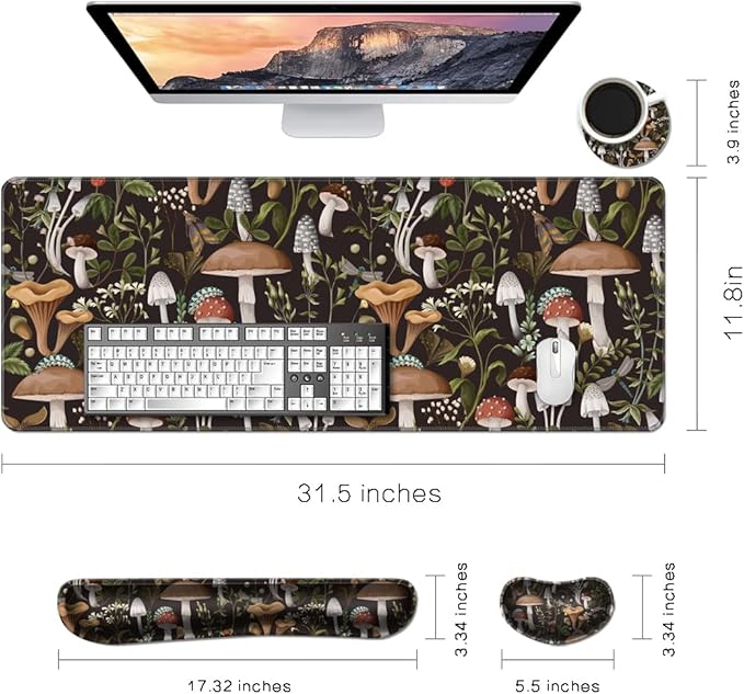 MIBITRI Keyboard Mouse Pad Set, Extended Gaming Mouse Pad+Ergonomics Keyboard Wrist Rest Support, Memory Foam, Easy Typing Pain Relief, 3Pcs XXL Ultra Thick Desk Mat, Cute Mushroom