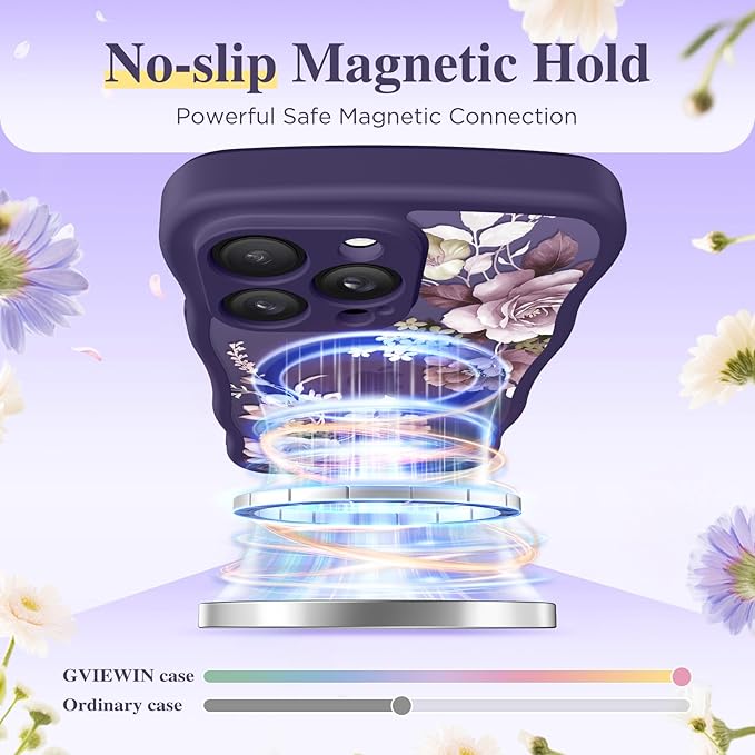 GVIEWIN for iPhone 14 Pro Case Compatible with MagSafe [Curly Wave Edge][Full Camera Protection] Floral Translucent Shockproof Magnetic Women Phone Case for 14 Pro, Cherry Blossoms/Deep Purple