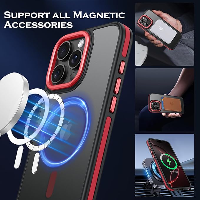 YINLAI Case for iPhone 16 Pro Max, Magnetic Case [Compatible with Magsafe] Supports Wireless Charging Slim Translucent Matte Women Men Shockproof Protective Back Phone Cover 6.9 Inch,Black/Red